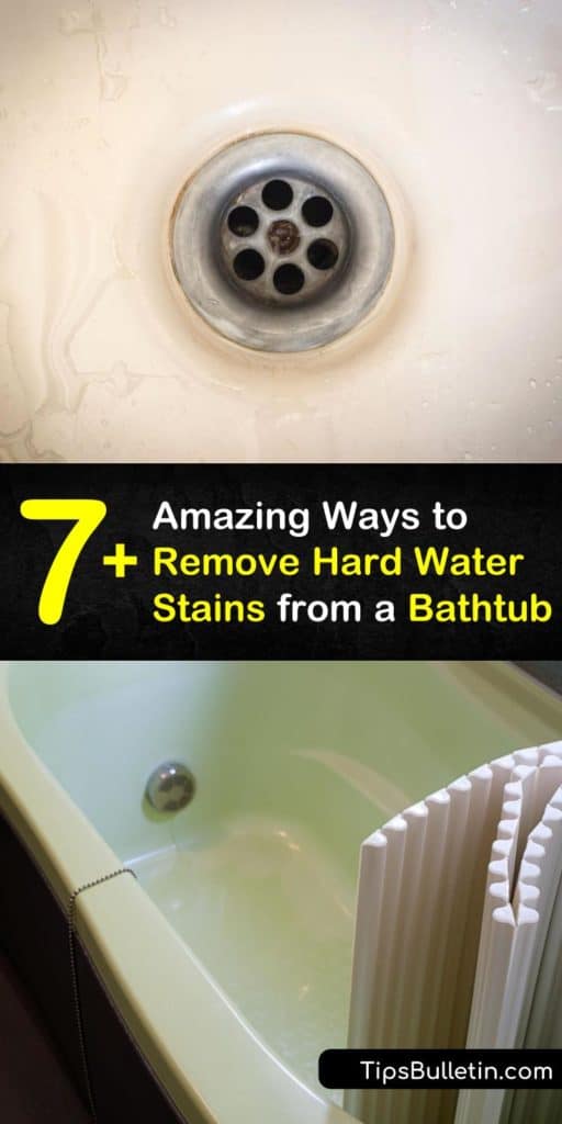 Learn how to remove hard water stains from a bathtub using products you already have at home. Are you tired of scrubbing your bathroom and still seeing soap scum and grime? All you need is a spray bottle and these simple ingredients. #remove #hardwater #stains #bathtub