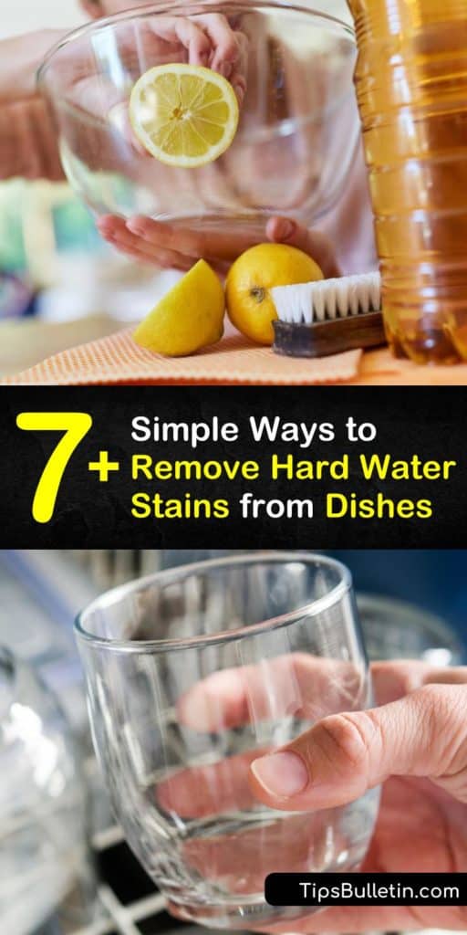 Regularly dishwashing can leave hard water deposits and hard water stains on your dishes and silverware. Use these DIY tricks using products like lemon juice and dishwasher detergent with added water softener in your soap dispenser to remove mineral deposits. #howto #remove #limescale #dishes
