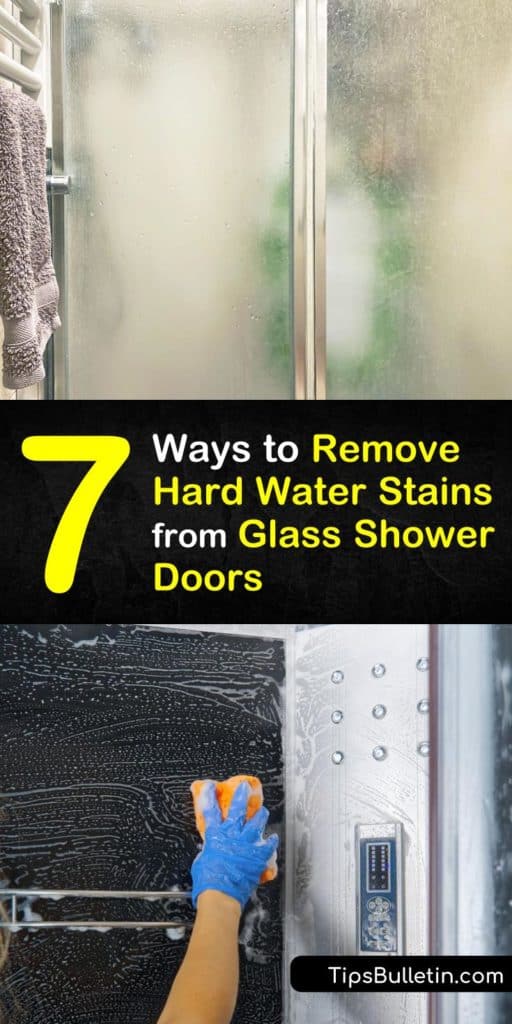 Discover how to remove hard water deposits with a bit of elbow grease and the right cleaner. Use white vinegar, baking soda, a spray bottle, and a bit of scrubbing to clean glass and remove water spots. #glass #shower #door #hardwater #stain #removing