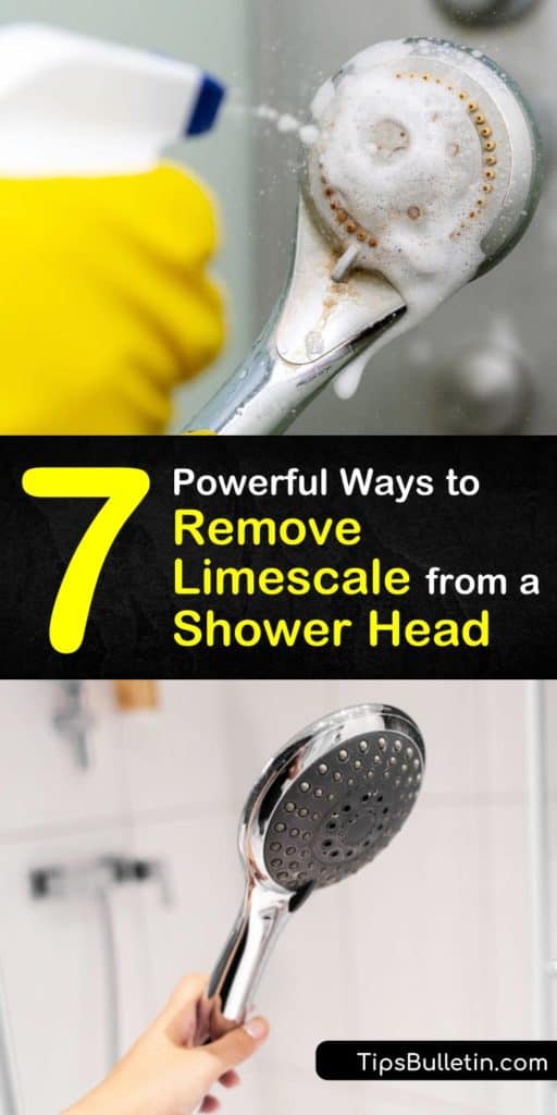 Learn how to remove ugly hard water mineral deposits from a shower head by attaching a plastic bag full of white vinegar and baking soda using a rubber band. Scrubbing with an old toothbrush is another step for enjoying a clean shower head again. #showerhead #limescale #descaling #clean