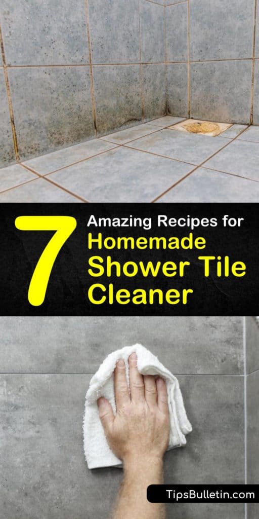 Eliminate build up of soap scum and mildew in your shower with our DIY shower cleaner recipes. Make your own homemade cleaning products using white vinegar, Dawn dish soap, and other common household ingredients. #homemade #shower #tile #cleaner #DIY