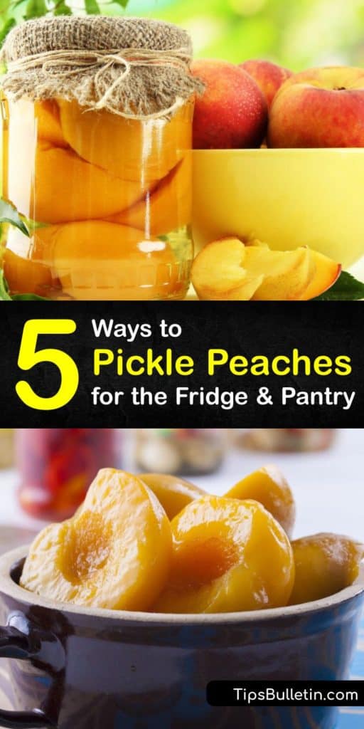 Learn how to keep your fresh peaches longer by pickling. Process jars of peaches, whole cloves, vinegar, and allspice in boiling water in a water bath canner for the proper cook time to preserve your fruits for ice cream or tasty snacks. #howto #pickle #peaches