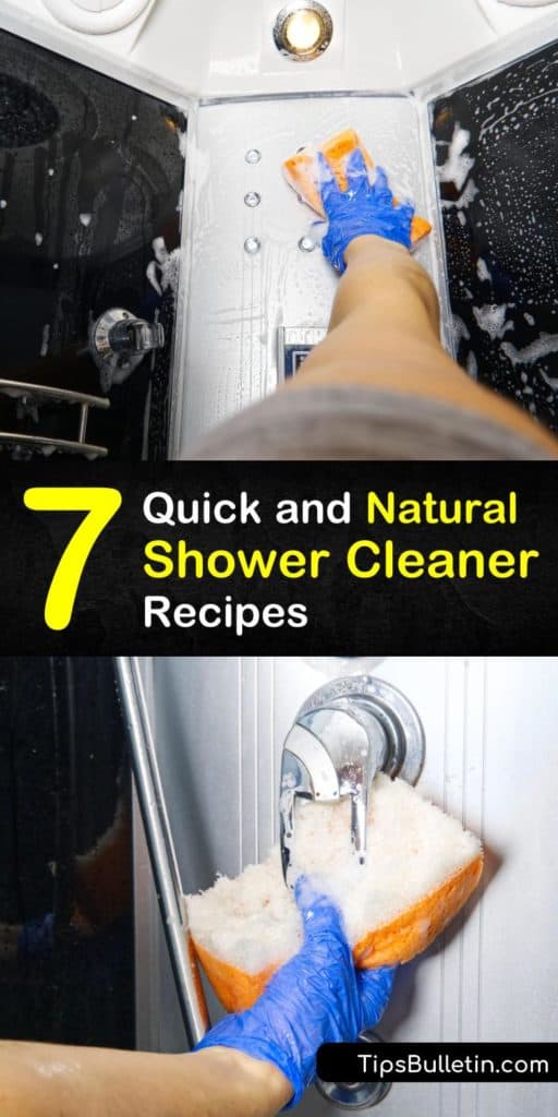 Get rid of mildew build up and soap scum on your shower doors with these DIY solutions. Easy to find household cleaning products like white vinegar, baking soda, and tea tree oil disinfect the surfaces on your shower doors and tub. #diy #shower #cleaner #natural