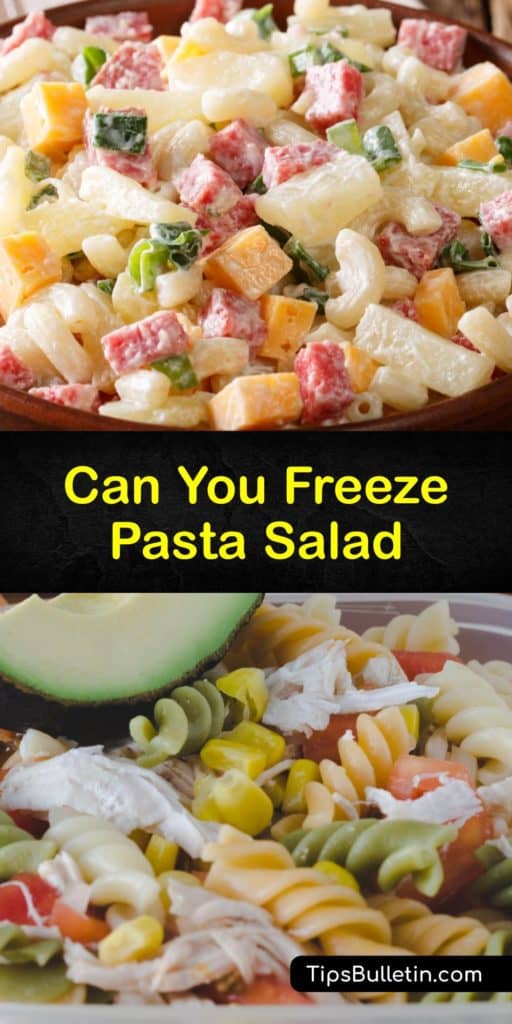 Learn how to freeze pasta salad made with a non-dairy salad dressing for the best results. A salad made of pasta, fresh veggies, olive oil, and Italian seasonings is low in carbohydrates and the easiest salad to freeze and defrost. #freezing #pasta #salad