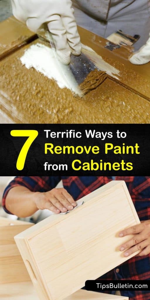 Remove old paint from cabinet doors with these DIY strategies that help you save money instead of hiring professionals. Low grit sandpaper, Citistrip paint stripper, mineral spirits, and a few drop cloths are all you need to clean up cabinets and give them a brand new look. #remove #paint #cabinets