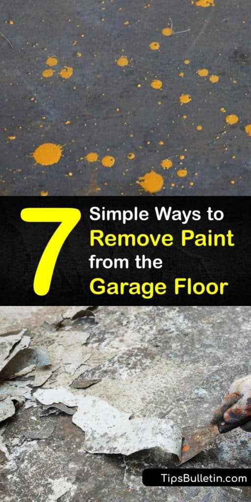 Remove paint stains from any concrete surface using these methods. Old paint on a concrete floor requires a pressure washer, scraper, and a paint remover. After using a paint remover, a wire brush or scrub brush works great at eliminating the stain. #remove #paint #garage #floor