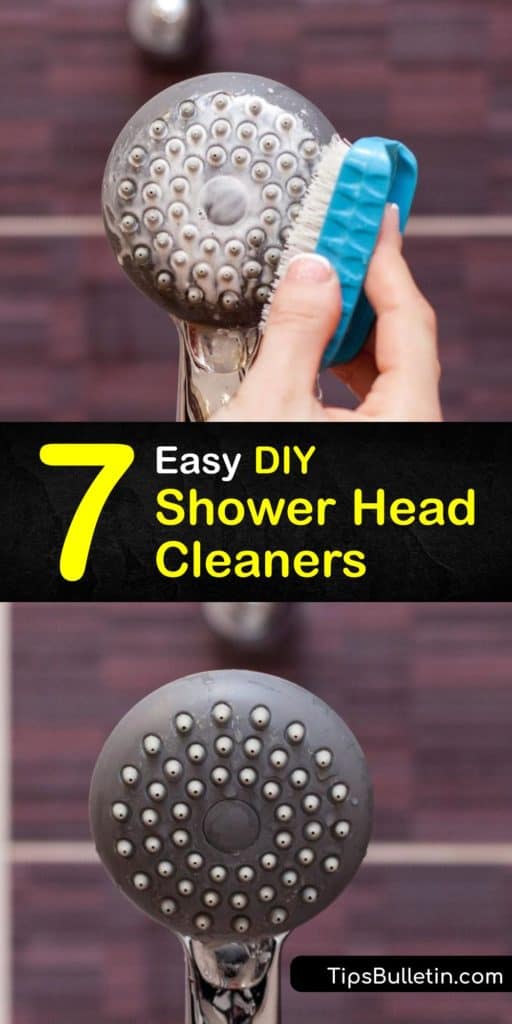 Learn how to clean your shower head to remove mineral buildup and grime and restore the water pressure. Clean away calcium and mineral deposits left behind from hard water by soaking the head in vinegar and baking soda and scrubbing it with a toothbrush. #DIY #showerhead #cleaner