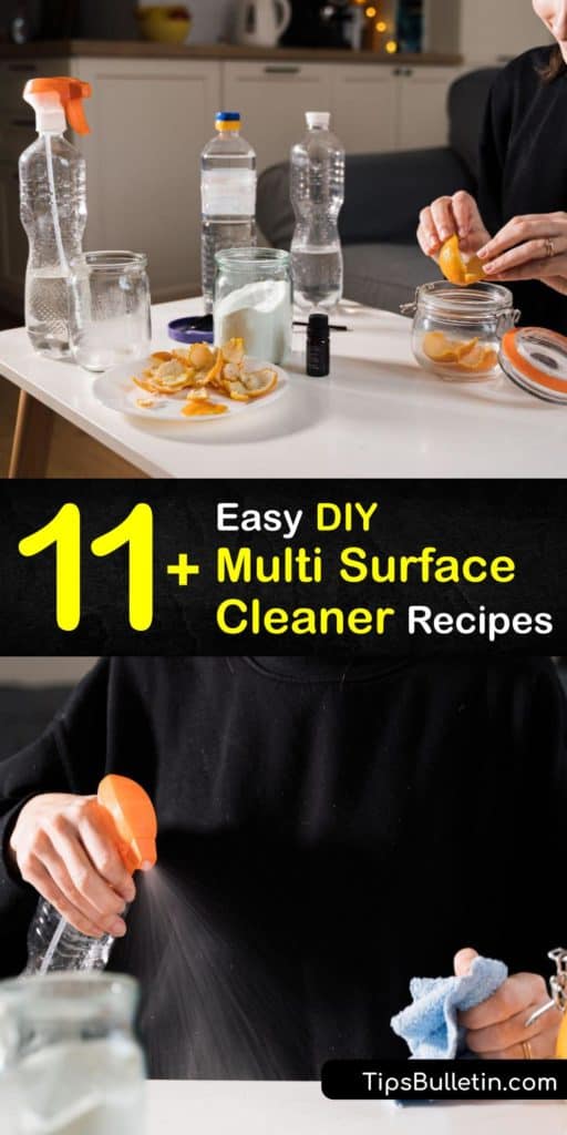 Concoct your own DIY cleaning products and homemade cleaners using simple ingredients like tea tree oil, white vinegar, bleach, and Castile soap. These cleaning recipes are simple while remaining powerful enough for kitchen countertops and bathroom messes. #homemade #multi #surface #cleaner