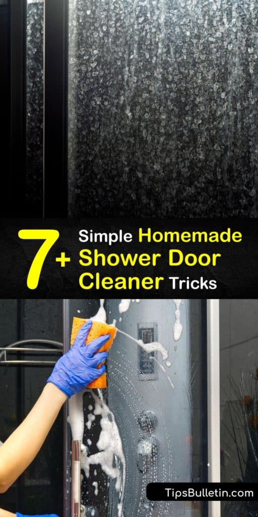 Get rid of hard water stains and soap scum on glass shower doors without chemicals from cleaning products. These DIY cleaning solutions dispose of mildew with only white vinegar, dish soap, and a squeegee for safe and easy cleaning practices. #homemade #shower #door #cleaner