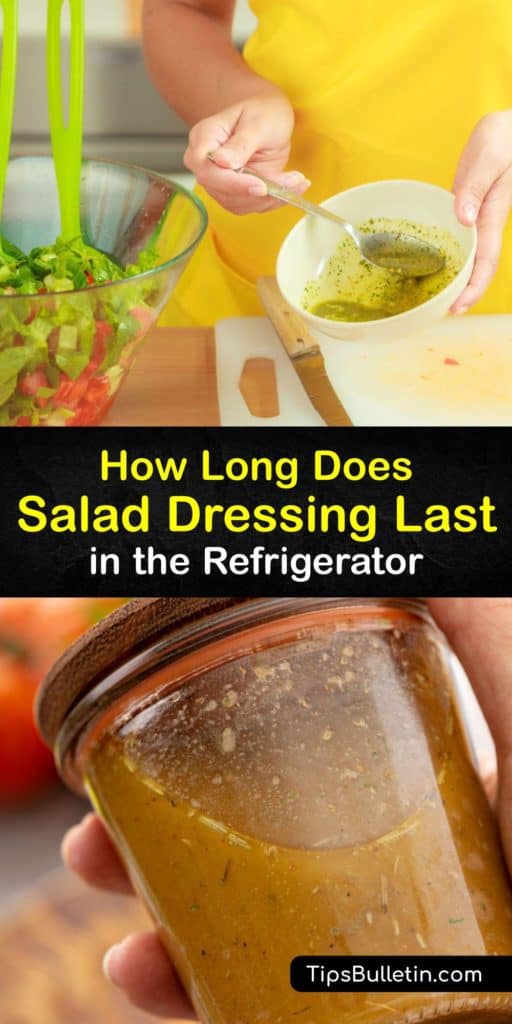 Learn how to make salad dressing last. Dairy-free balsamic vinaigrette and Italian dressing keep longer than dairy-based types like ranch. The shelf life of unopened dressing may be a bit longer than the expiration date if stored properly. #salad #dressing #last