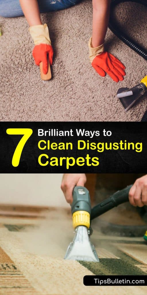 Discover how to clean filthy carpeting with a vacuum cleaner, steam cleaner, and other carpet cleaning methods. Make DIY deep cleaning solutions with white vinegar, Borax, hydrogen peroxide, and elbow grease to remove dirt from the carpet fibers. #howto #clean #filthy #carpet #disgusting