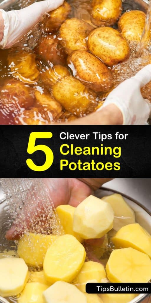 Potato skins are not only edible but contain many health benefits, whether you eat them in mashed potatoes or on a baked potato. Learn how to scrub potatoes clean to remove dirt and contaminants by rinsing them under running water and using a vegetable brush. #howto #clean #potatoes #washing