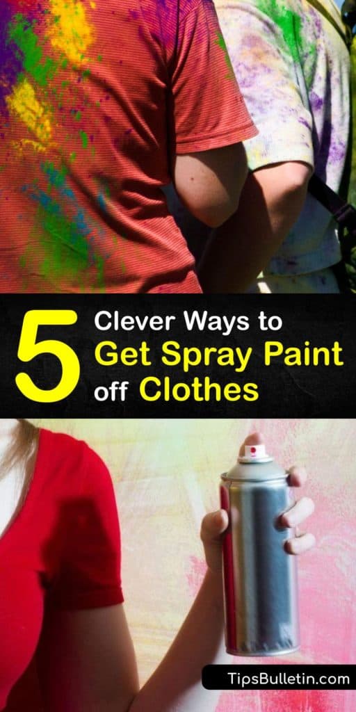 Learn how nail polish remover, rubbing alcohol, or dish soap removes spray paint from clothes. Dab it with a cotton ball soaked in stain remover, blotting away as much paint as you can. Treat the stain before putting the garment through the washing machine. #howto #remove #spray #paint #clothes