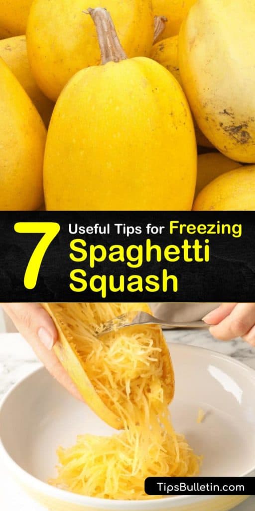 Discover the best way to freeze cooked spaghetti squash. Use a colander to drain excess water so your squash strands aren’t mushy when thawed. Add a little olive oil when you reheat it, then cook spaghetti squash in your favorite recipe just like normal. #freezing #spaghetti #squash