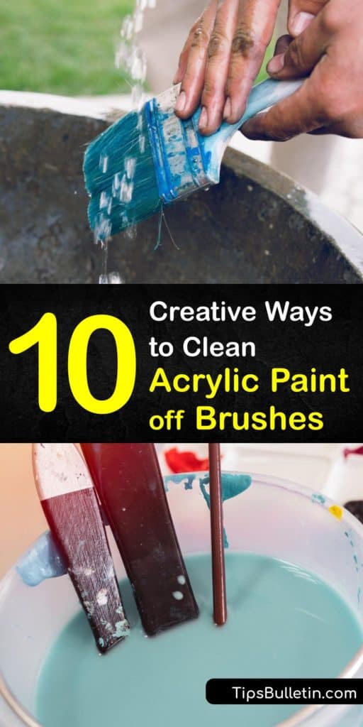 Save your acrylic paint brushes from dried paint using hand soap, water, paper towel, and solvent. These clean-acrylic-paint-brushes tips teach you how to avoid the ferrule, make DIY brush cleaner, and remove hard paint to make clean-up time easier than ever. #clean #acrylic #paint #brushes