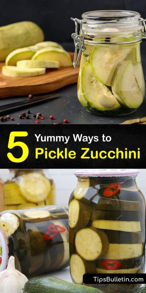 Try out these pickled zucchini recipes full of bold flavors like turmeric, apple cider vinegar, and jalapenos. Add boiling water to white vinegar, dump it into Mason jars, and refrigerate them for a quick snack that is the perfect zesty appetizer. #howto #pickle #zucchini