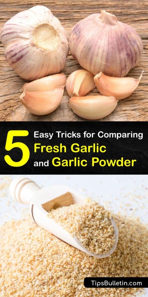 Learn the uses for fresh garlic, minced garlic, and dehydrated garlic. Dried garlic has a stronger garlic flavor than fresh, and is great for dry rub, marinades, or garlic bread. When a recipe calls for one garlic clove, sub a quarter-teaspoon of garlic powder. #garlic #powder #fresh