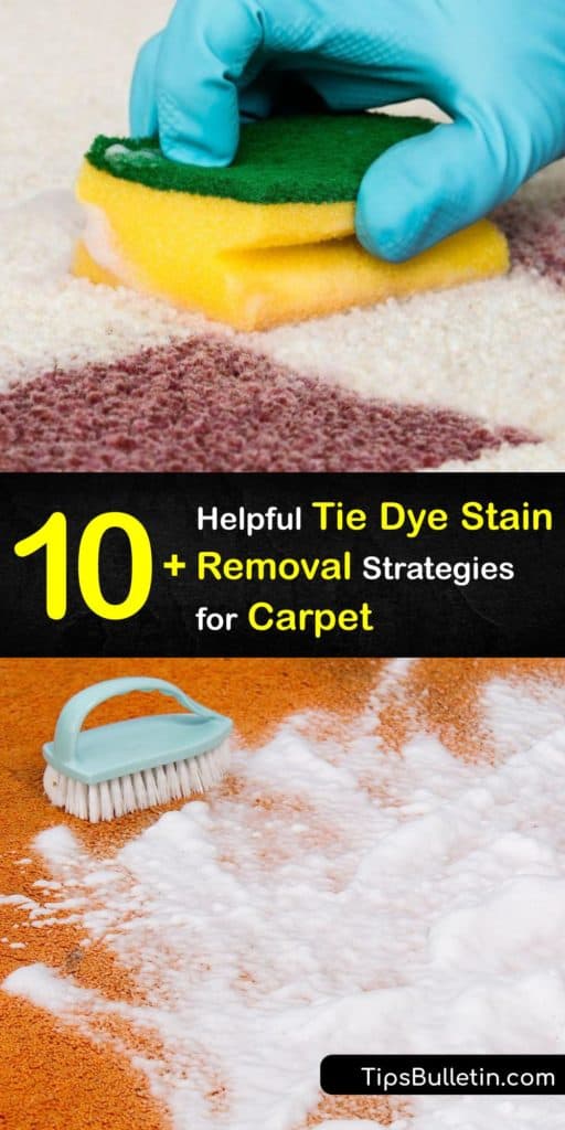 Remove a tough tie dye stain, hair dye stain, or carpet dye stain with a simple DIY cleaning solution made from warm water, rubbing alcohol, baking soda, and hydrogen peroxide. These carpet cleaning recipes are effective at removing even the toughest color stains. #remove #tiedye #carpet