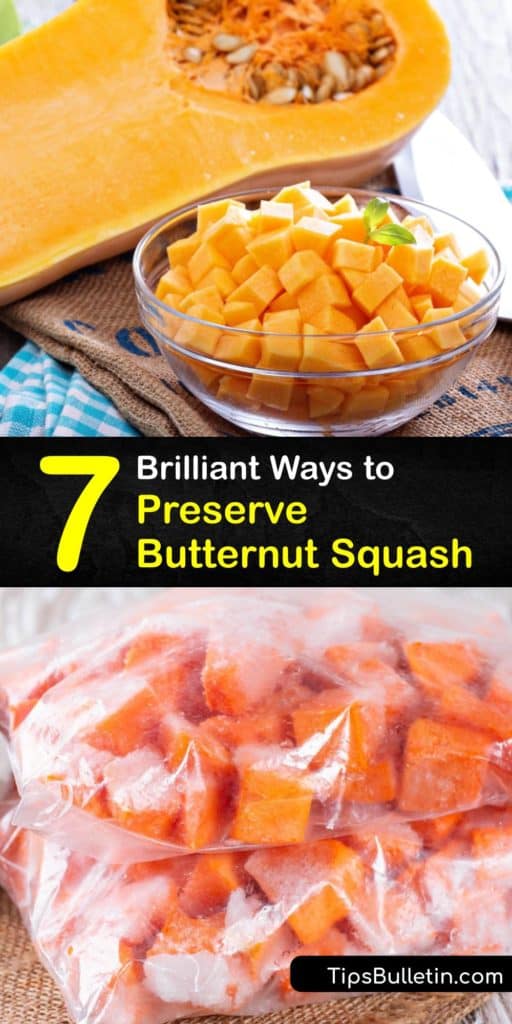 Share these food preservation tips for butternut, buttercup, and acorn squash. Learn about top storage methods with tips such as freezing one inch cubes on a baking sheet before putting them in a freezer bag or blanching it in boiling water before you puree it. #preserve #butternut #squash