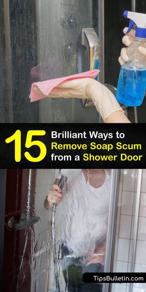 Discover ways to clean soap scum and hard water stains off a glass shower door using simple cleaners and a little elbow grease. Learn how to use white vinegar, dish soap, baking soda, and other household solutions to keep your shower door clean. #howto #remove #soap #scum #shower #doors