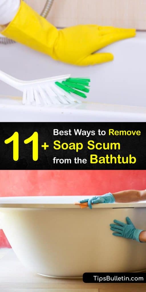 Learn how to remove soap scum from bathroom surfaces. Try easy recipes for the best DIY soap scum remover using simple products like dish soap, vinegar, and baking soda. Dry the tub and glass shower door with a microfiber cloth to prevent water spots. #remove #soap #scum #bathtub