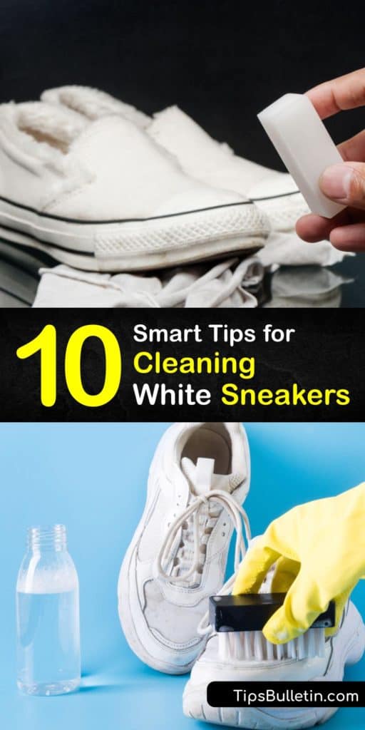 Get a clean white sneaker or leather sneaker, and even canvas shoes clean with these handy tips for cleaning white leather sneakers. Use household items like baking soda, white vinegar, and a Magic Eraser to get your white sneakers, or any white shoe, clean. #clean #white #sneakers