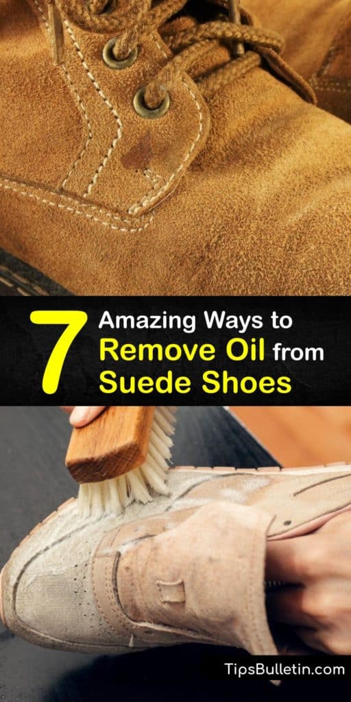 Learn how to remove a stubborn oil stain or grease stain from faux suede or a suede boot using common household suede cleaner products like dish soap, white vinegar, and cornstarch. #oil #suede #shoes #remove
