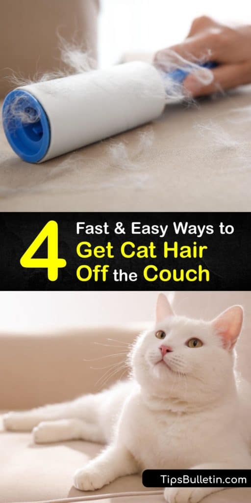 Learn how to remove cat and dog hair from upholstery using household items like sticky tape, fabric softener, a rubber glove, lint roller or dryer sheet to lift stubborn loose hair. Clean loose fur easily with these DIY ideas. #cat #hair #off #couch #remove