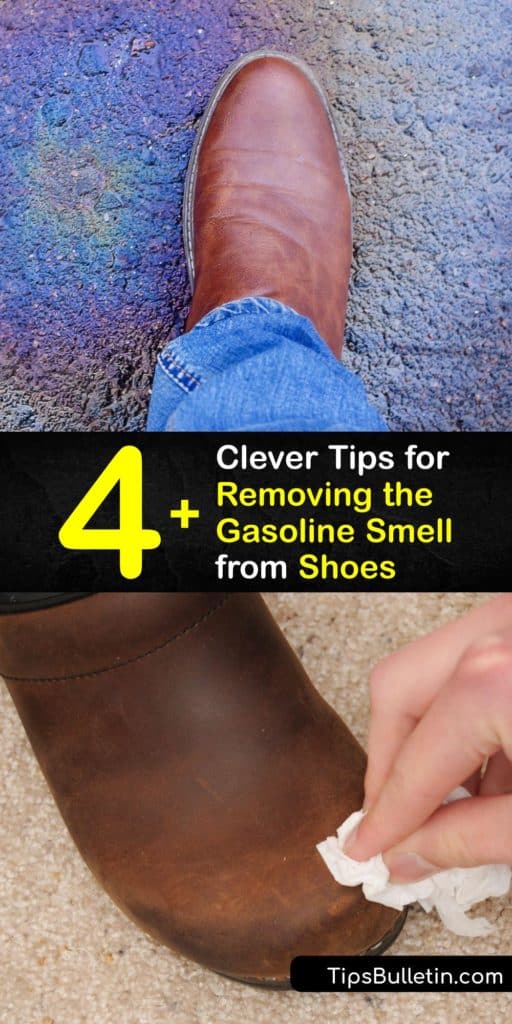 Discover how to get gasoline odor and a gasoline stain out of your shoes and rubber boot soles with everyday items like air freshener, baking soda, white vinegar and more. Remove gas smell and stains quickly with items you already have. #remove #gasoline #smell #shoes
