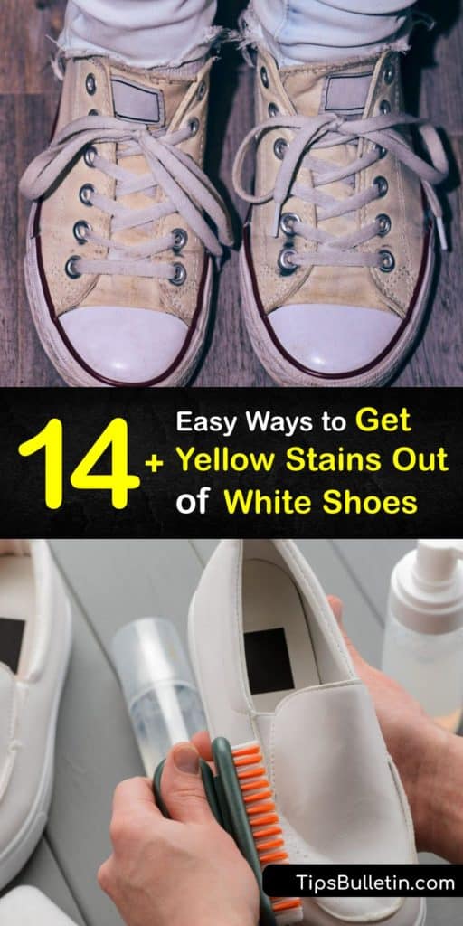 Remove a yellow stain, bleach stains or fix yellow soles on your tennis shoes or canvas shoes using household items like white vinegar, baking soda, or a Magic Eraser. Say goodbye to the yellow stain and enjoy clean white shoes you can be proud of. #yellow #stains #white #shoes #remove