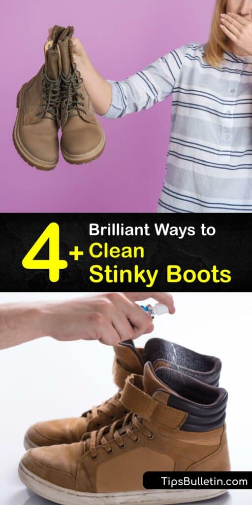 Shoe odor is the result of moisture and sweat build-up in the insoles and shoe material and a smelly shoe is unpleasant for everyone. Learn ways to get a bad smell out of boots and shoes using baking soda and other solutions. #remove #odor #smell #boots