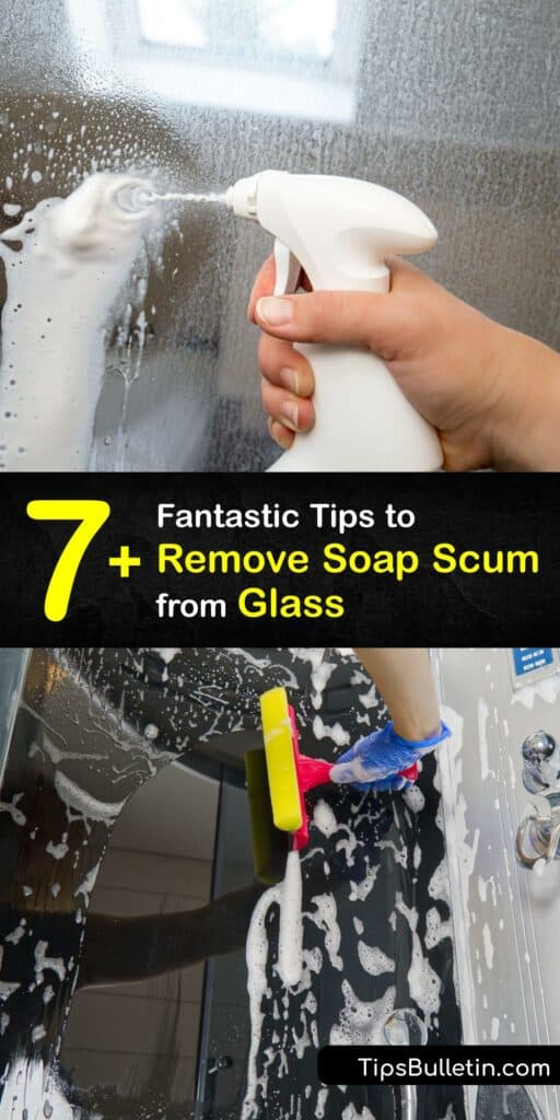 Discover how to clean glass shower doors and other glass surfaces to remove soap scum and a hard water stain. It’s easy to clean soap scum off shower glass with white vinegar, baking soda, salt, lemons, and a microfiber cloth and restore a clean glass surface. #remove #soap #scum #glass 