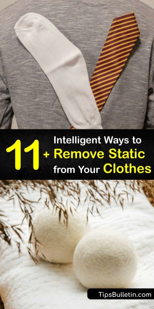 Static electricity builds up in clothes and other synthetic fabrics to cause static cling and static shocks. Get rid of static cling with household items like wool dryer balls, dryer sheets, and aluminum foil. #get #static #out #clothes