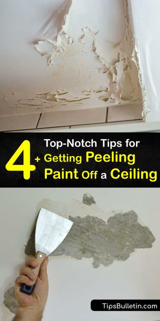 Discover ways to fix peeling paint on the ceiling in a few simple steps. It’s easy to remove flaking paint with a paint scraper, and sanding the ceiling and applying a coat of ceiling paint gives it a finished look. #howto #remove #peeling #paint #ceiling