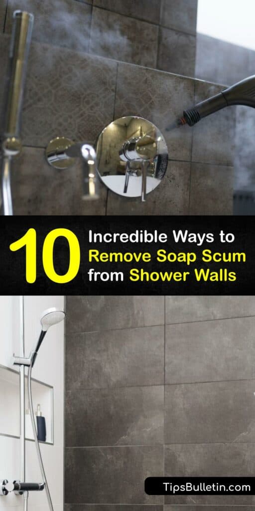 Discover how to make your own soap scum remover with simple items like dish soap and white vinegar. Get a microfiber cloth, and say goodbye to soap scum on your glass shower door forever. These amazing tips will have your bathroom surfaces gleaming. #remove #soap #scum #shower #walls