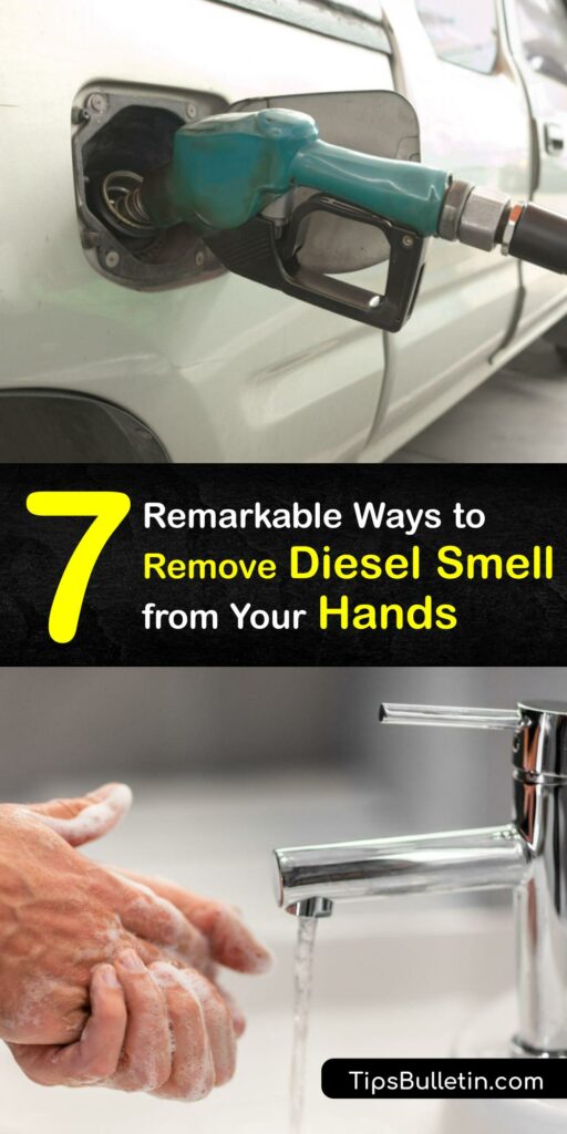 When you spill gasoline or diesel fuel, the diesel and gas smell is hard to remove. Get rid of a diesel stain or eliminate gasoline fumes and fuel oil from your skin with baking soda, white vinegar, hand sanitizer, Fast Orange, and more. #remove #diesel #hands #smell