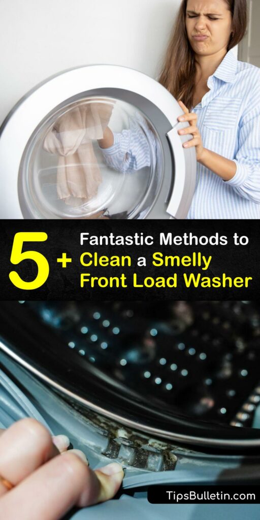 A foul washing machine smell is unpleasant. When fabric softener and soap scum buildup leave your front load washer stinking, you need a safe washing machine cleaner. Erase the odor with white vinegar, baking soda, or chlorine bleach, and a hot water wash cycle. #clean #smelly #front #load #washer
