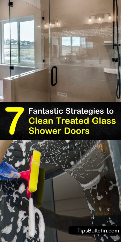 It’s essential to find the right shower glass cleaner to get rid of a hard water stain or soap scum on your glass shower doors. Use proven remedies with white vinegar, dish soap, lemon juice, and more to get sparkling clean shower doors. #clean #treated #glass #shower #doors