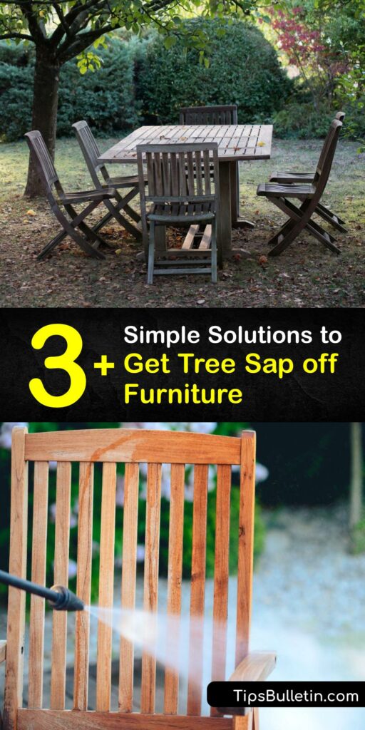 Find out how to remove an unsightly pine sap stain from your wood or metal patio furniture or outdoor fabric cushion covers. Clean patio cushions and outdoor furniture with dish soap and water, rubbing alcohol, or white vinegar to eliminate tree sap. #tree #sap #off #outdoor #furniture
