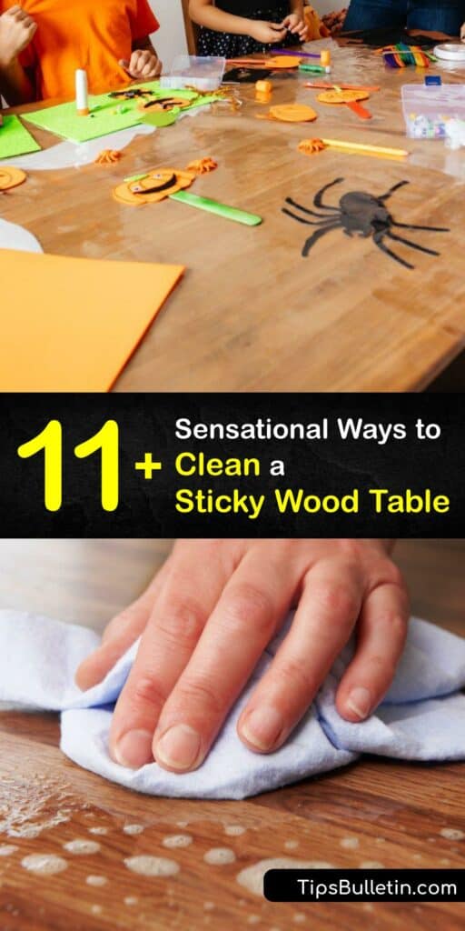 Explore ideas to remove sticky residue from your wooden table and other wooden furniture. Lift tape residue, sticker residue, and general stickiness off your wood table with Murphy Oil Soap, dish soap, or vinegar, and finish with furniture polish on a soft cloth. #clean #sticky #wood #table
