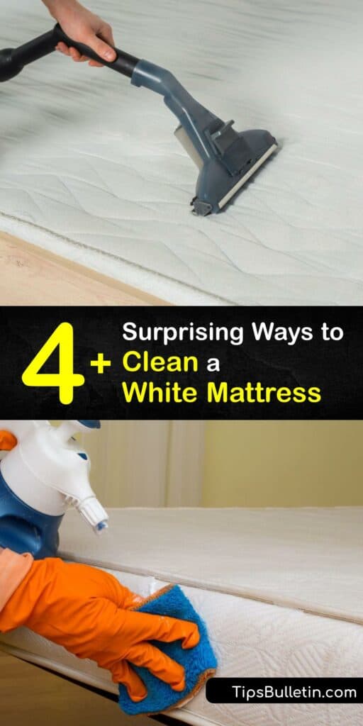 Learn how to clean mattress stains off a white mattress. Mattress cleaning is necessary to eliminate dust mites, and stubborn stains like a sweat or blood stain. Dish soap, vinegar, baking soda, and peroxide are excellent for cleaning mattresses. #howto #clean #white #mattress