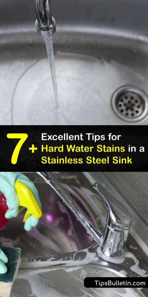 Follow our steps for removing a hard water stain from stainless steel sinks. Hard water deposits build up in the sink over time. It’s easy to clean stainless steel and remove water stains with baking soda and white vinegar. #clean #stains #stainless #steel #hard #water #sink