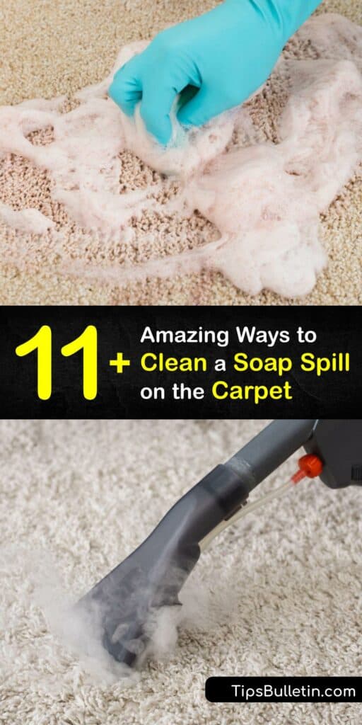 Discover how to clean spilled laundry detergent or soap residue from the carpet and prevent a soap stain. Detergent seems impossible to remove from a rug, but warm water, vinegar, cat litter, towels, and a wet-dry vac are excellent for carpet cleaning. #how #clean #soap #spill #carpet