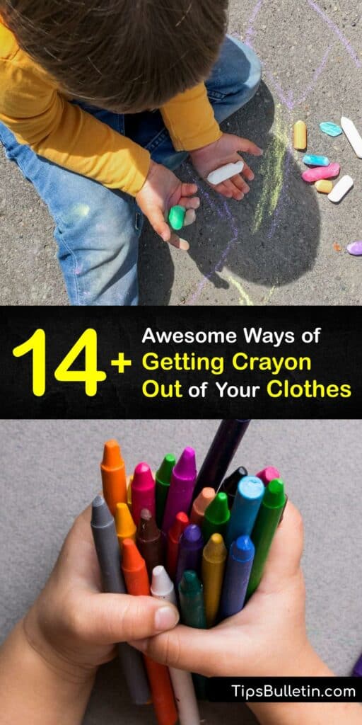 Explore ideas to clean crayon out of clothes. Crayon stains on your outfit look messy. Get rid of a crayon mark or melted crayon stains with dish soap, baking soda, or a Magic Eraser. Use your hair dryer to heat the stain and blot the wax with a paper towel. #remove #crayon #clothes