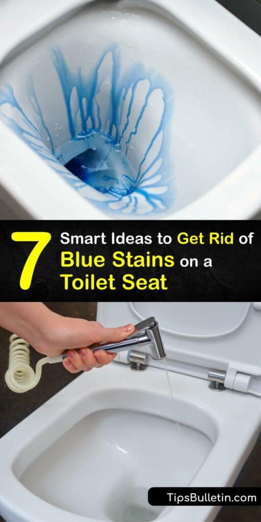 Use easy home remedies to get rid of a blue stain on the toilet seat from the toilet bowl cleaner. Remove copper stains, hard water stains, or a blue toilet stain effortlessly with baking soda, distilled white vinegar, chlorine bleach, lemon juice, and more. #stains #getrid #blue #toilet #seat