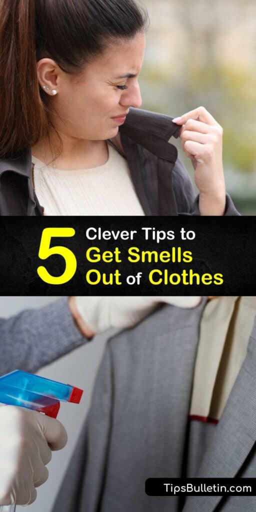 Learn how to remove a bad smell from clothes using white vinegar, laundry detergent, baking soda, and fabric softener. Workout clothes and other clothing absorb sweat, smoke, gas, and other odor. Washing them with the proper cleaners helps remove the bad smell. #howto #remove #smells #clothes