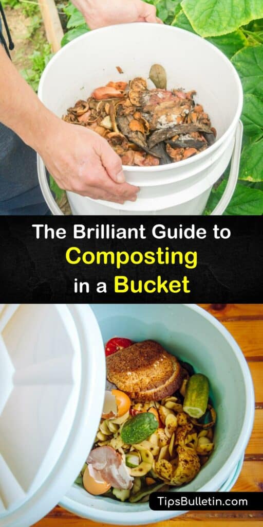 It’s time to turn food waste into a helpful soil additive and amendment for your potted plants and garden vegetables this season. Discover how to create a DIY compost bin with a humble plastic bucket, grass clippings, and unwanted kitchen scraps. #compost #bucket