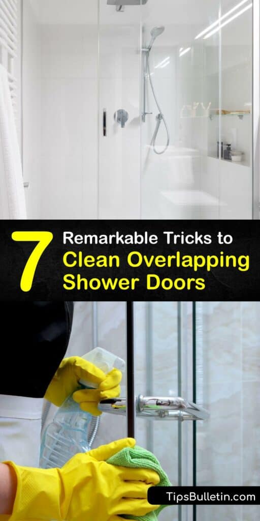 Keep your glass shower enclosure and shower door track clean. Find out how to get between overlapping sliding shower doors for a clear finish. Clean shower door tracks and glass with remedies using vinegar, dish soap, baking soda, and more. #clean #overlapping #shower #doors #sliding