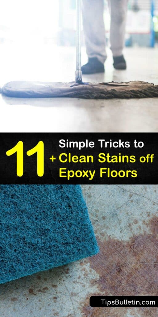 An epoxy floor coating is a practical and stylish choice for your garage floor. Discover tips to clean epoxy floor stains without damaging the finish. Craft an ammonia epoxy coating cleaner, or use warm water, baking soda, a pressure washer, and more. #clean #stains #epoxy #floors #off