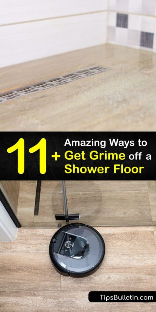 Find out how to clean shower tile grout and floor tiles to get rid of hard water stains and soap scum. Deep clean your shower floor using home remedies with white vinegar, dish soap, lemon juice, or a Magic Eraser. Leave your shower tiles spotless. #grime #off #shower #floor #remove